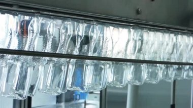 boş plastik şişe konveyör bant üzerinde. süt tesisi ekipman