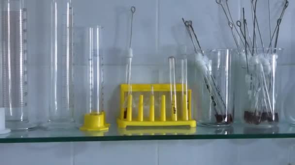 Flasks Beakers Chemical Samples Shelf Medical Laboratory — Stock Video