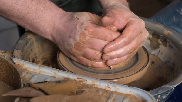 Teaching Pottery Children Teacher Gives Master Class Modeling — Stock Photo, Image