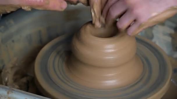 Teaching Pottery Children Teacher Gives Master Class Modeling — Stock Video