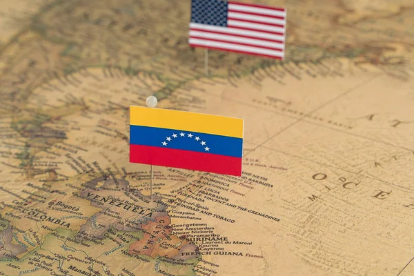 Flags Usa Venezuela World Map Conceptual Photo Politics World Order — Stock Photo, Image