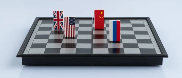 Символи Прапор Росії Сша Китаї Англії Шаховій Дошці Концепція Політична — стокове фото