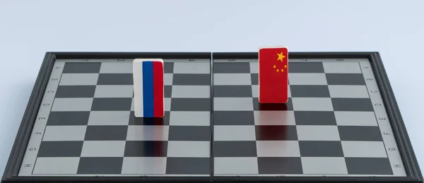 Символи Прапор Росії Китаю Шаховій Дошці Концепція Політична Гра — стокове фото