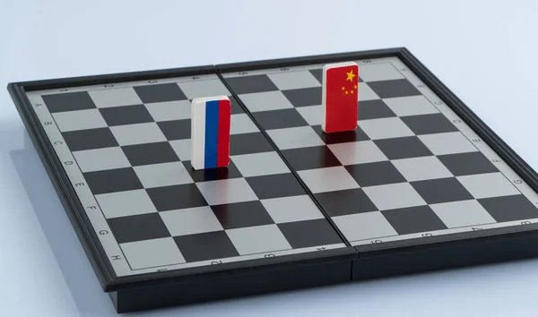 Символи Прапор Росії Китаю Шаховій Дошці Концепція Політична Гра — стокове фото
