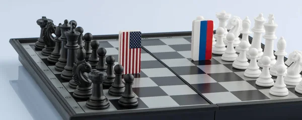 Símbolos Bandera Rusia Los Estados Unidos Tablero Ajedrez Concepto Juego — Foto de Stock