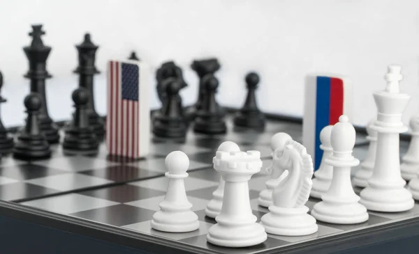 Symbols Flag Russia United States Chessboard Concept Political Game — Stock Photo, Image