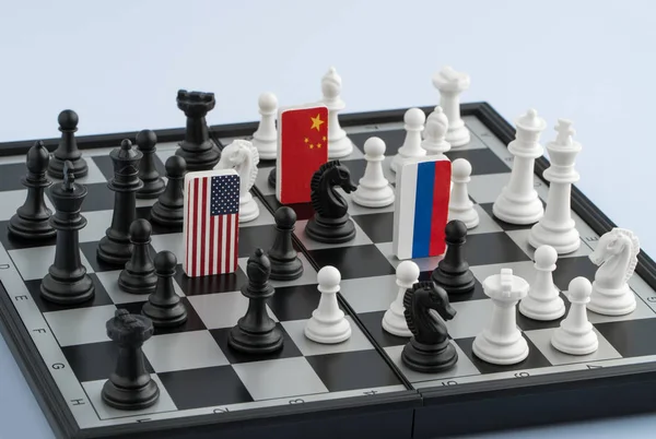 Символи Прапор Росії Сша Китаю Шаховій Дошці Концепція Політична Гра — стокове фото