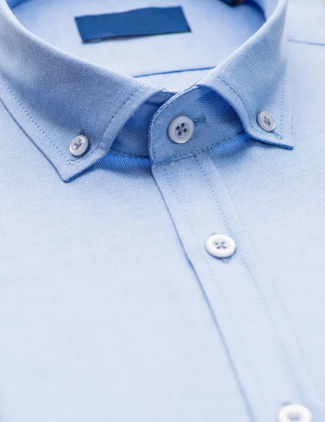 Camisa Azul Con Enfoque Cuello Botón Primer Plano — Foto de Stock