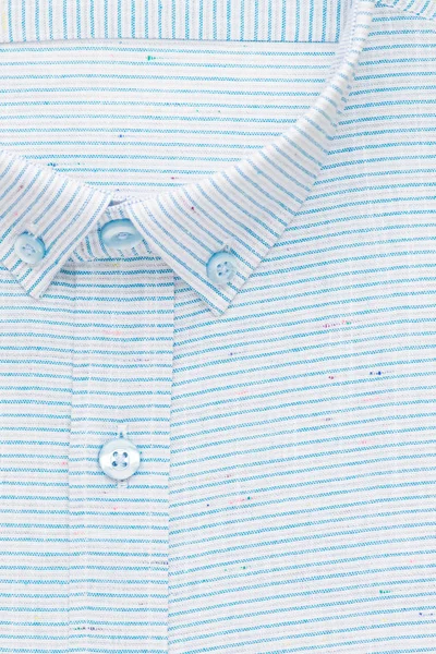 striped shirt, detailed close-up collar and button, top view