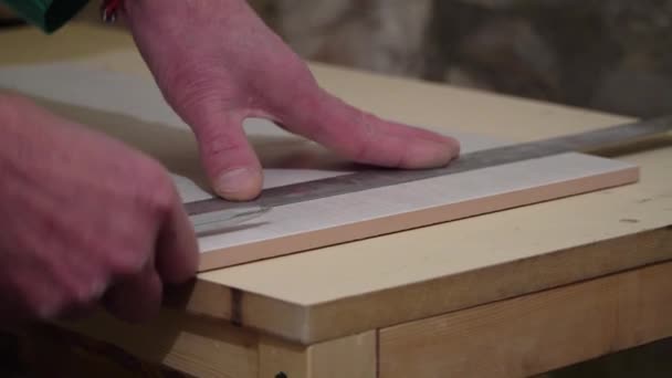 使用手动切割机的工作人员切割磁贴 完成作品 专注于双手 瓷砖铺设技术 — 图库视频影像