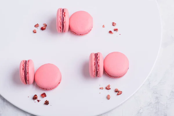 粉红的通心粉饼干法国在白盘上 工作室照片 — 图库照片
