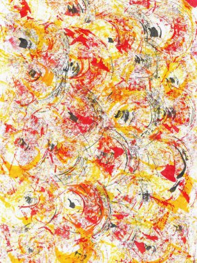 Circular red and orange brush stroke patterns with character made by hand.