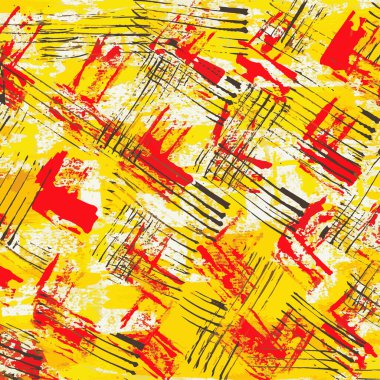 Abstract parallel black and red lines over yellow watercolor background.