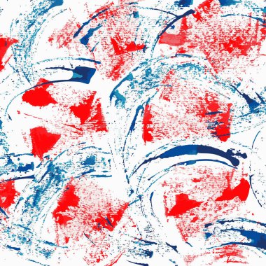 Blue and red brush strokes forming circular patterns.