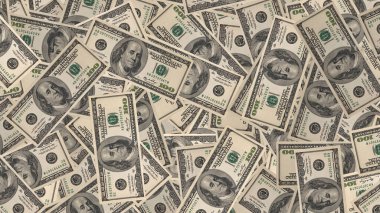 Bir yığın 100 'lük banknot. Yüz dolarlık banknotlar, dolar arkaplan resmi. Üst görünüm.