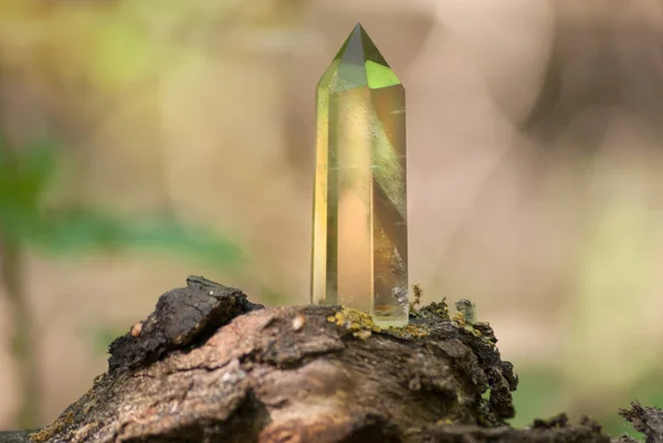 Grand Cristal Quartz Sur Une Souche Sur Fond Nature Close — Photo