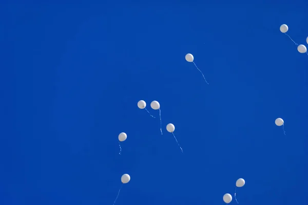 White balloons in the blue clear sky.