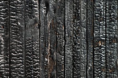 Black coal texture of the scorched wooden boards of the walls of the house. Ruined house building after a fire. clipart