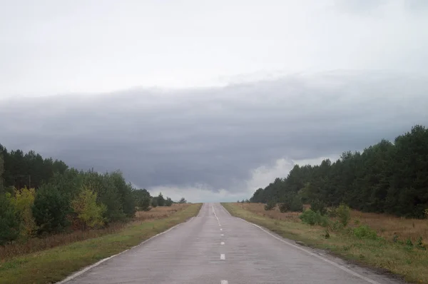 Overcast October highway. Way beyond the horizon, route under heavy leaden sky