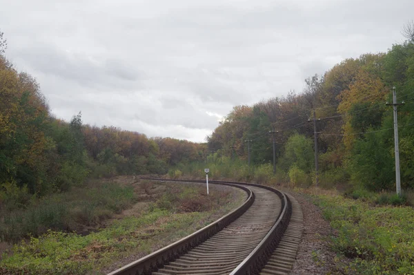 Linee ferroviarie autunnali che si estendono oltre l'orizzonte. Nuvoloso ottobre paesaggio industriale sotto pesante cielo carico — Foto Stock