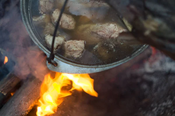 Pot with meat stew, boiling on bonfire flame, in a tourist camp in the wild forest — Stock Photo, Image