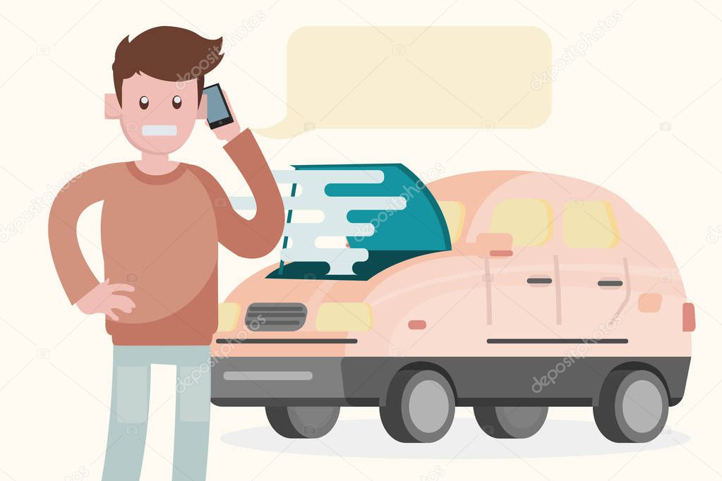 Breakdown of the car on the road. A man calls the service to help. Vector illustration in a flat style