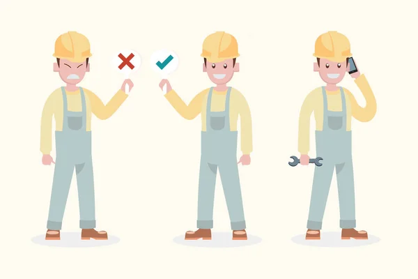 Set Illustrazione Personaggio Sorriso Meccanico Riparatore Lavoro — Vettoriale Stock