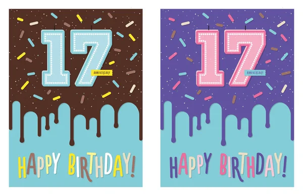 Carte de voeux d'anniversaire avec gâteau et 17 bougies — Image vectorielle