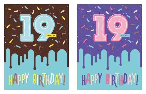 Tarjeta de felicitación de cumpleaños con pastel y 19 velas — Vector de stock