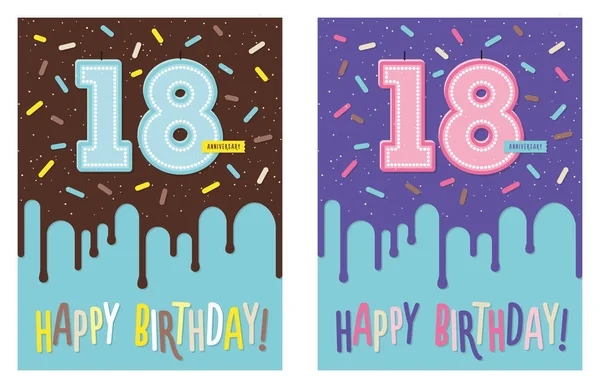 Tarjeta de felicitación de cumpleaños con pastel y vela de 18 — Vector de stock