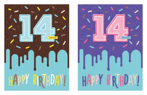 Ευχετήρια κάρτα γενεθλίων με κέικ και 14 κερί — Διανυσματικό Αρχείο
