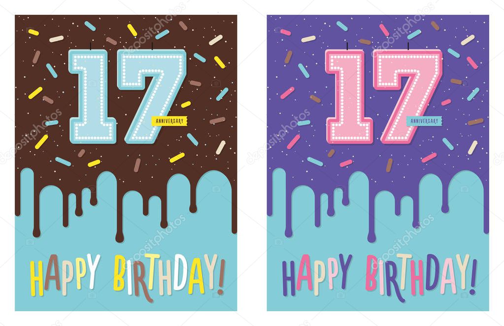 Birthday greeting card with cake and 17 candle