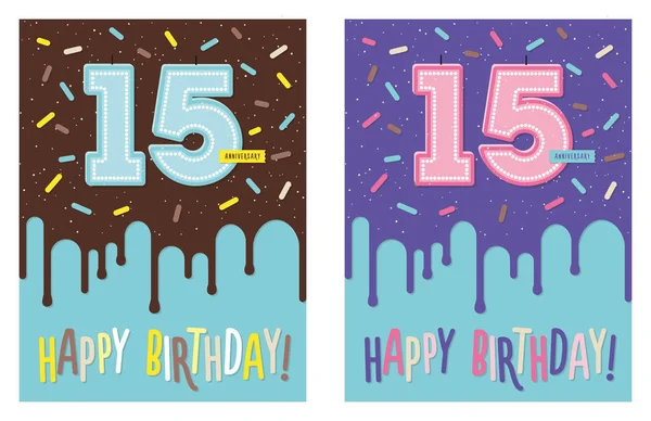 Γενέθλια τούρτα ευχετήρια κάρτα και 15 κερί — Διανυσματικό Αρχείο