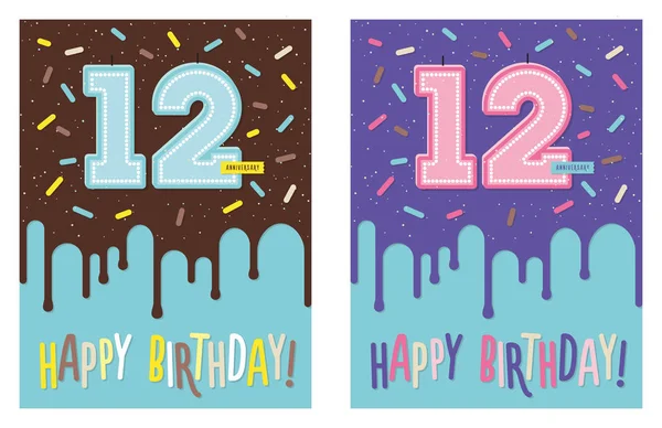 Tarjeta de felicitación de cumpleaños con pastel y 12 velas — Vector de stock