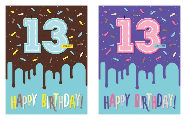 Ευχετήρια κάρτα γενεθλίων με κέικ και 13 κερί — Διανυσματικό Αρχείο