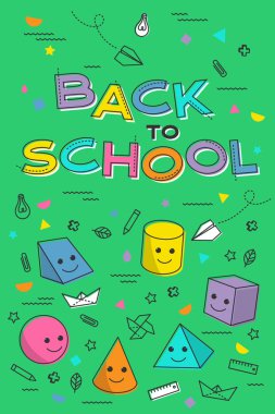 Okul pankartıyla, öğrenci malzemeleriyle dolu bir poster. Eğitim öğrenme kavramı