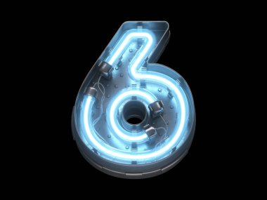 Mavi neon ışıklı metalik yazı tipi.