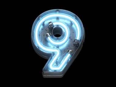 Mavi neon ışıklı metalik yazı tipi.