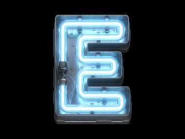 Mavi neon ışıklı metalik yazı tipi.