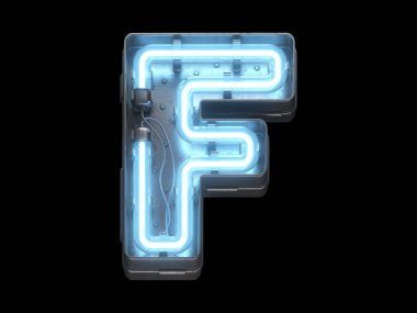 Mavi neon ışıklı metalik yazı tipi.