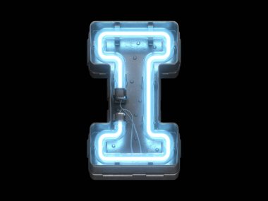 Mavi neon ışıklı metalik yazı tipi.