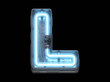 Mavi neon ışıklı metalik yazı tipi.