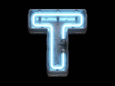 Mavi neon ışıklı metalik yazı tipi.