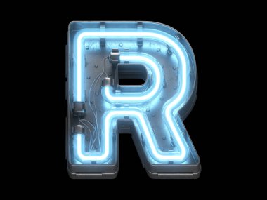 Mavi neon ışıklı metalik yazı tipi.