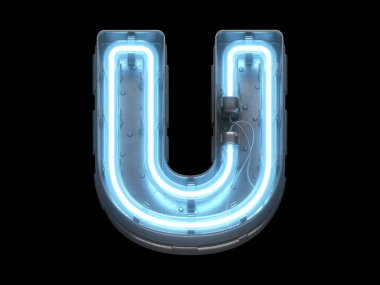 Mavi neon ışıklı metalik yazı tipi.