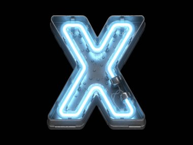 Mavi neon ışıklı metalik yazı tipi.