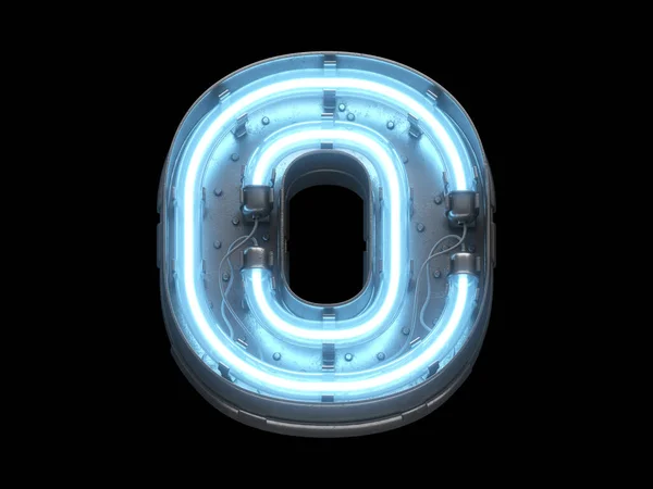 Mavi neon ışıklı metalik yazı tipi.