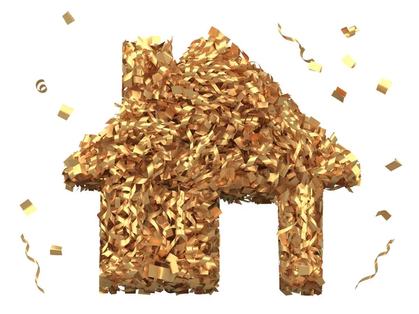 Gold confetti home icon. 3d rendering.