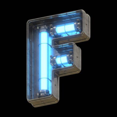 Mavi neon ışıklı metalik fütüristik yazı tipi.