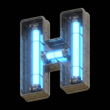 Mavi neon ışıklı metalik fütüristik yazı tipi.